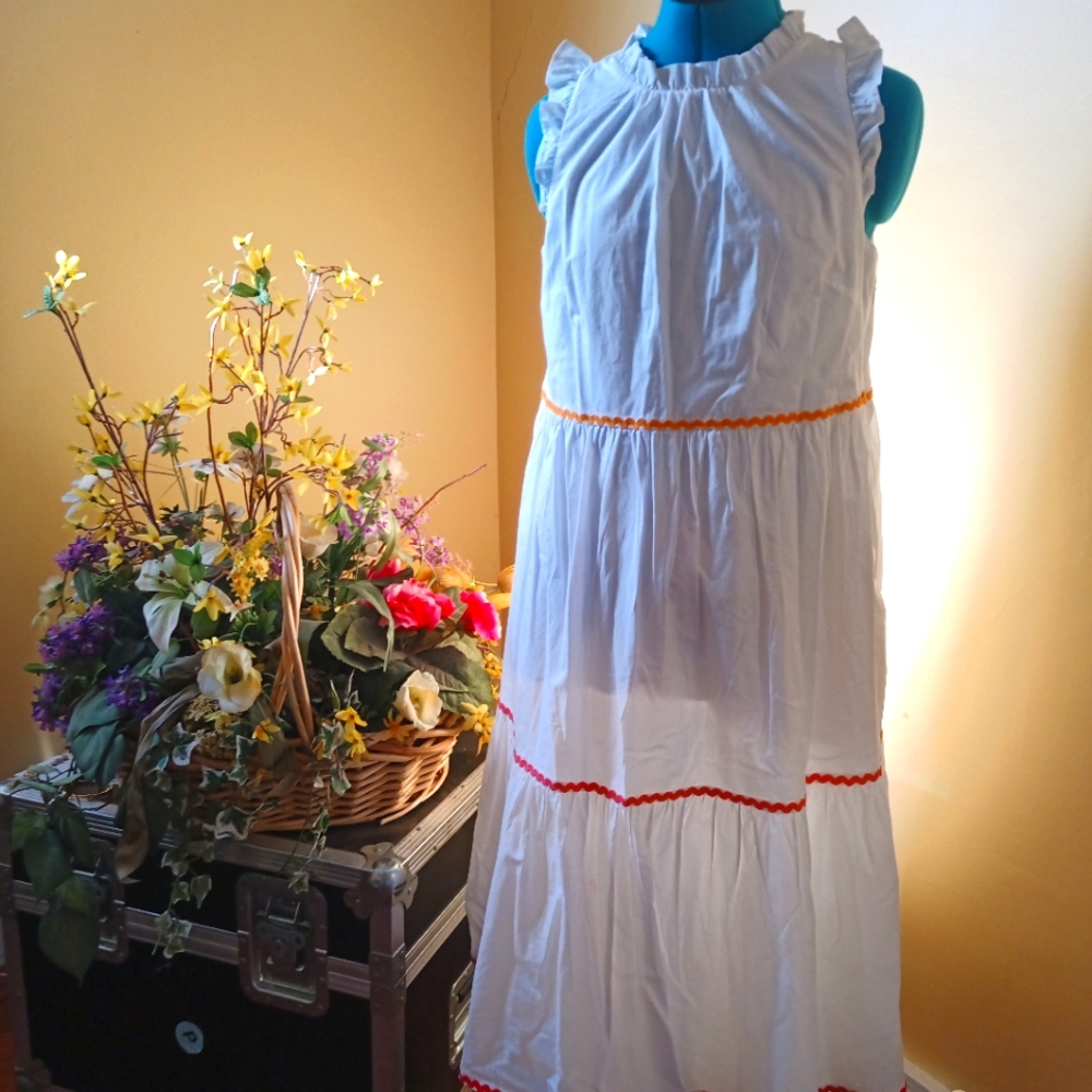 J Crew white sleeveless dress, pinafore style with ric-rac trim
